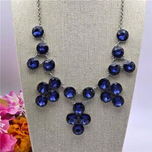 Royal Blue Crystal Bib Necklace Faceted Rhinestone Statement Cluster Silver Tone
